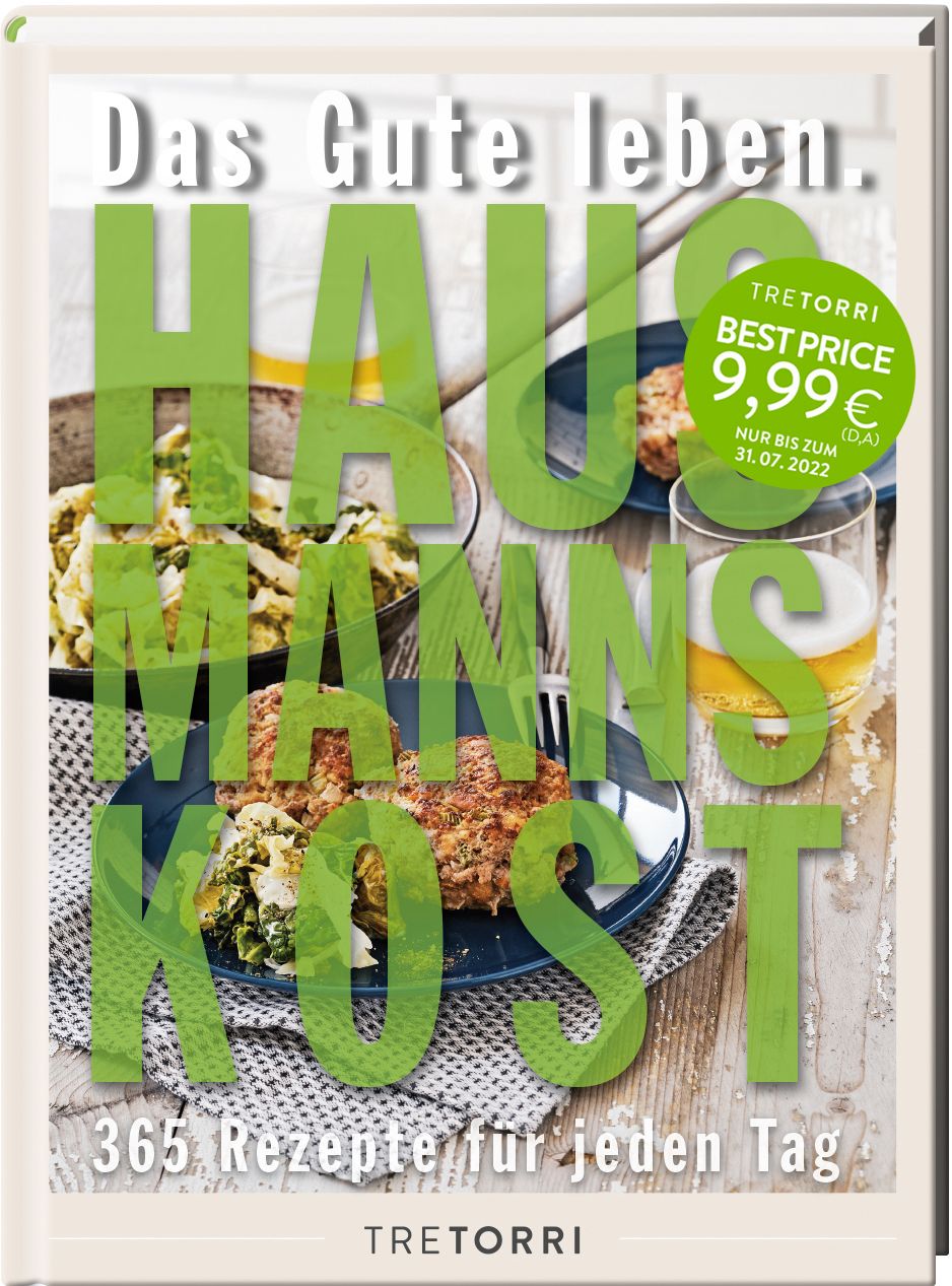 Buchcover mit dem Titel "Das Gute Leben - Hausmannskost". Auf dem Cover sind Speisen abgebildet, sowie ein Preis-Label.