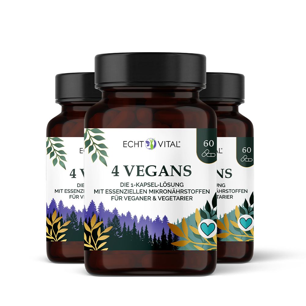 Drei braune Flaschen mit schwarzen Deckeln. Auf den Etiketten steht "Echt Vital 4 Vegans". Jede Flasche enthält 60 Kapseln.