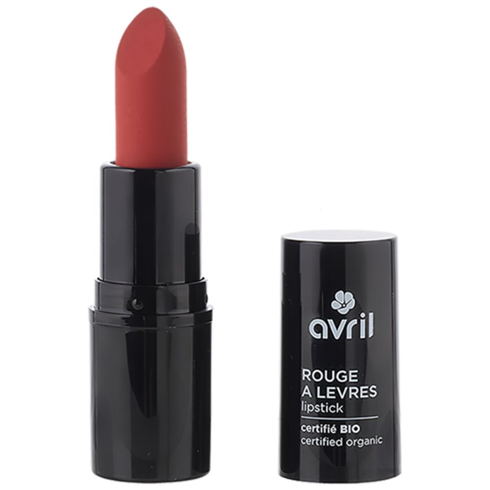 Schwarze Lippenstifthülse mit "Avril"-Logo und Text. Offen, Lippenstift in Rot sichtbar.
