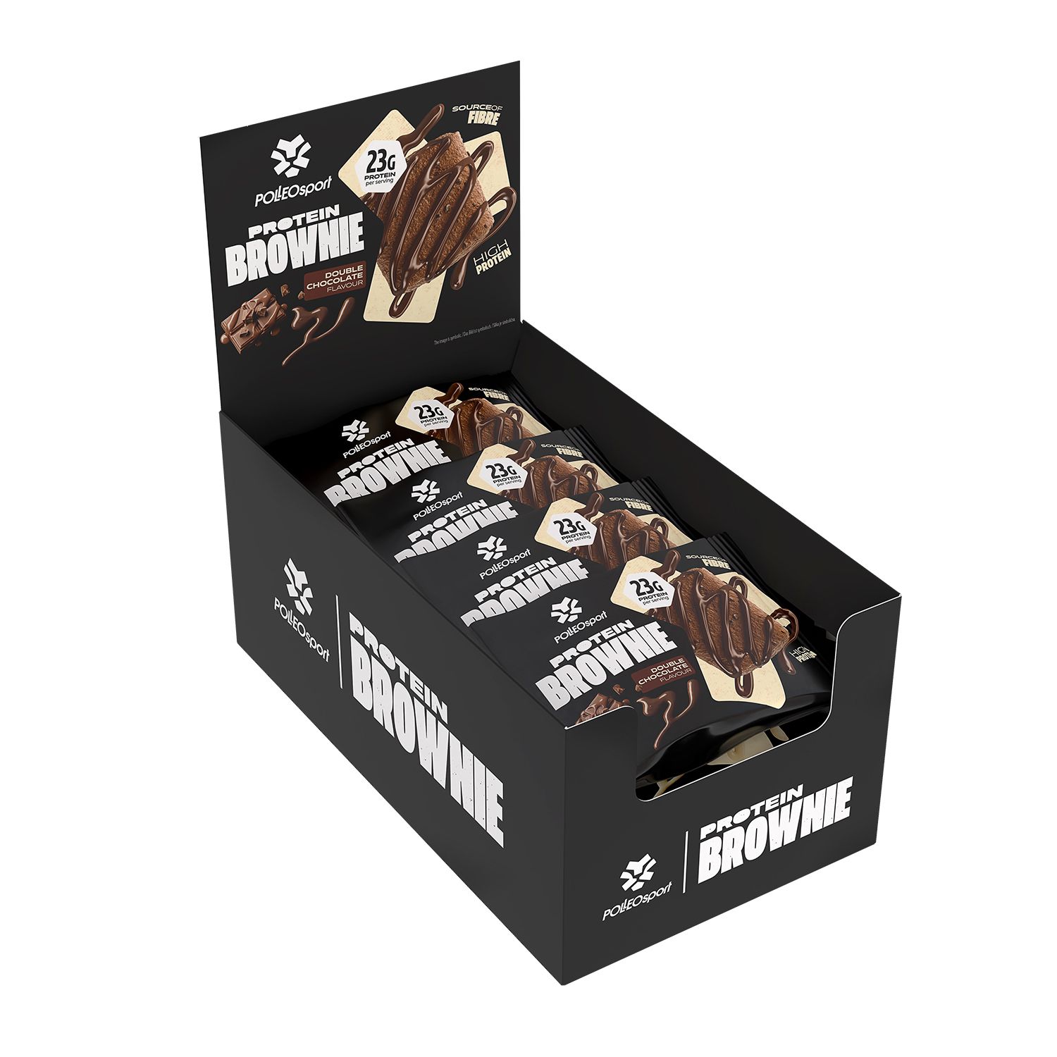 Schwarzer Karton mit Protein Brownie Riegeln. Aufdruck: PolleoSport, Protein Brownie. Riegel in Einzelverpackung.