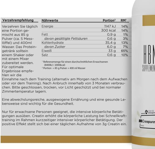 Nährwerttabelle des HBN Supplements Post Workout Complex. Enthält Informationen zu Energie, Fett, Kohlenhydraten, Zucker, Eiweiß und Salz.
