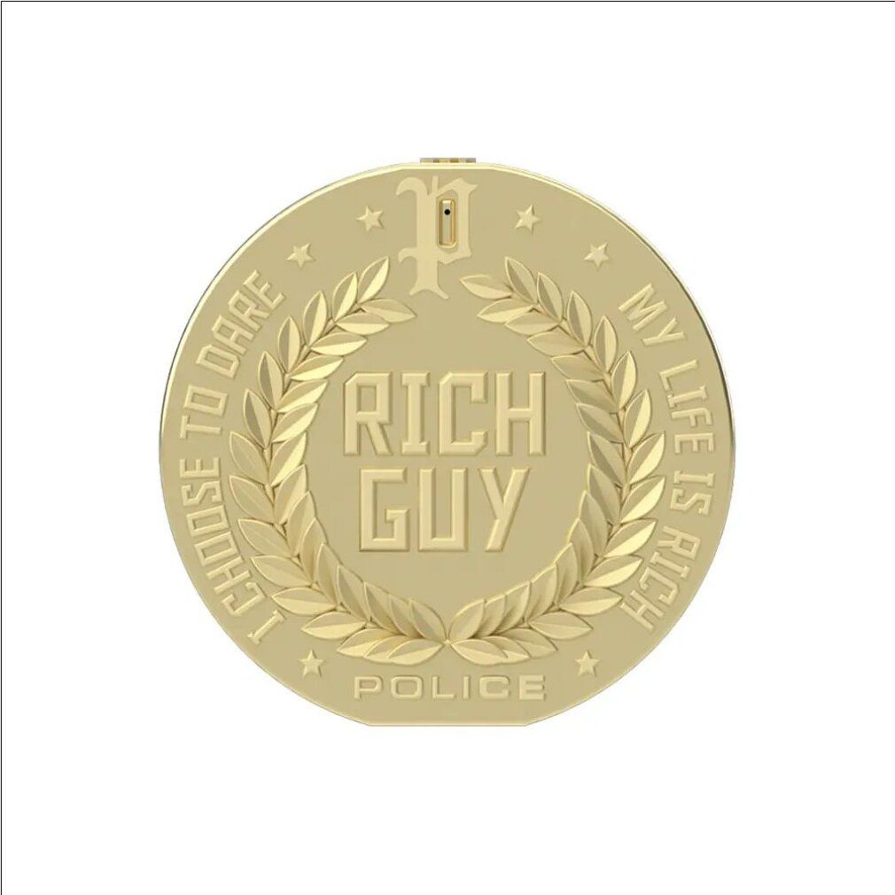Goldfarbene runde Flasche. Aufschrift: "RICH GUY" in Lorbeerkranz, "POLICE". Text: "I CHOOSE TO DARE", "MY LIFE IS RICH".