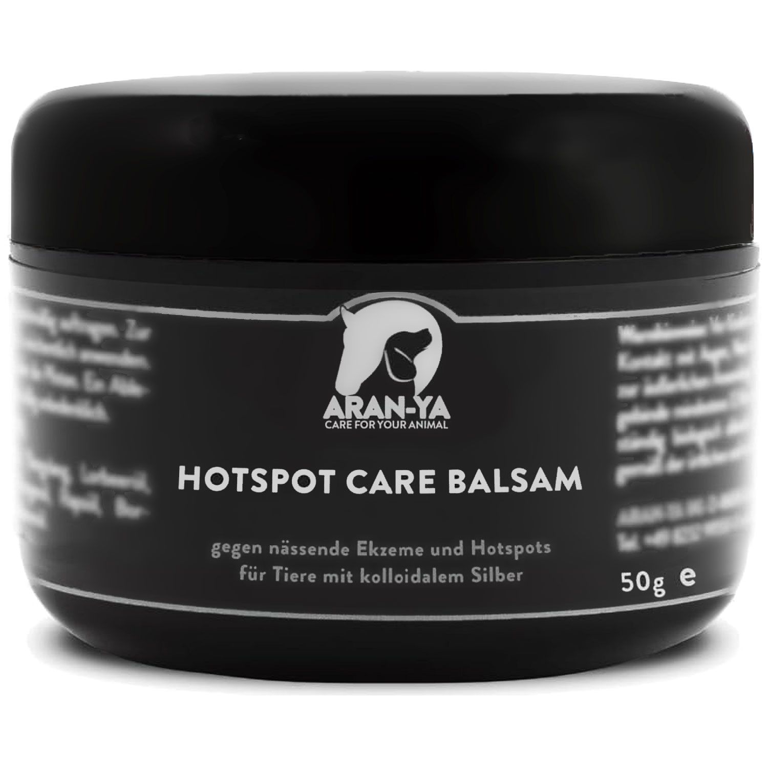 Schwarzer Tiegel mit Produktbezeichnung. Aufschrift: HOTSPOT CARE BALSAM. Logo mit Pferd und Hund. Text: gegen Ekzeme und Hotspots.