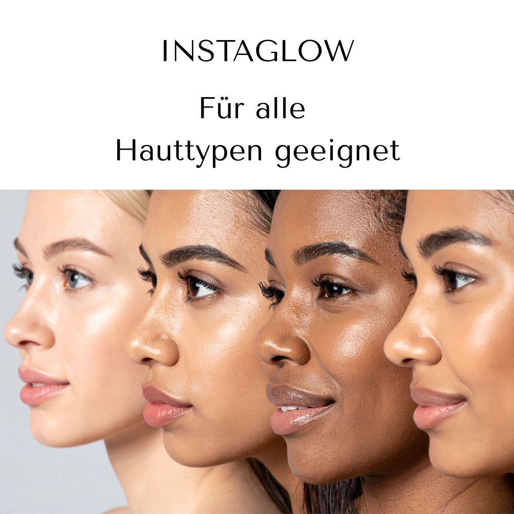 Frau mit Haut. Instaglow Microneedling Anti-Aging Infusion Kit. Text: 200% bessere Aufnahme des Serums.
