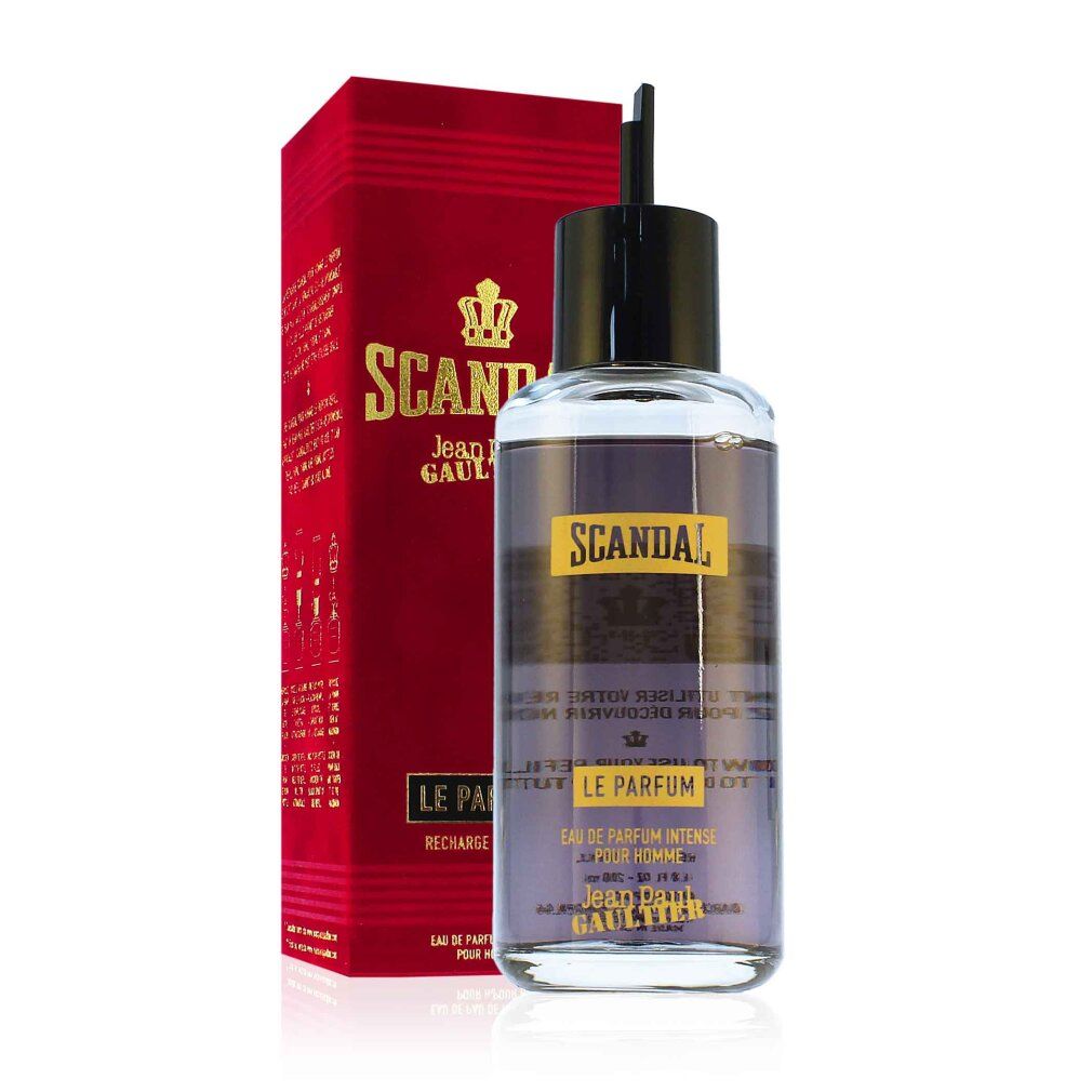Parfumflasche und rote Verpackung. Aufschrift: Scandal Le Parfum, Jean Paul Gaultier. Eau de Parfum Intense Pour Homme. Refill.