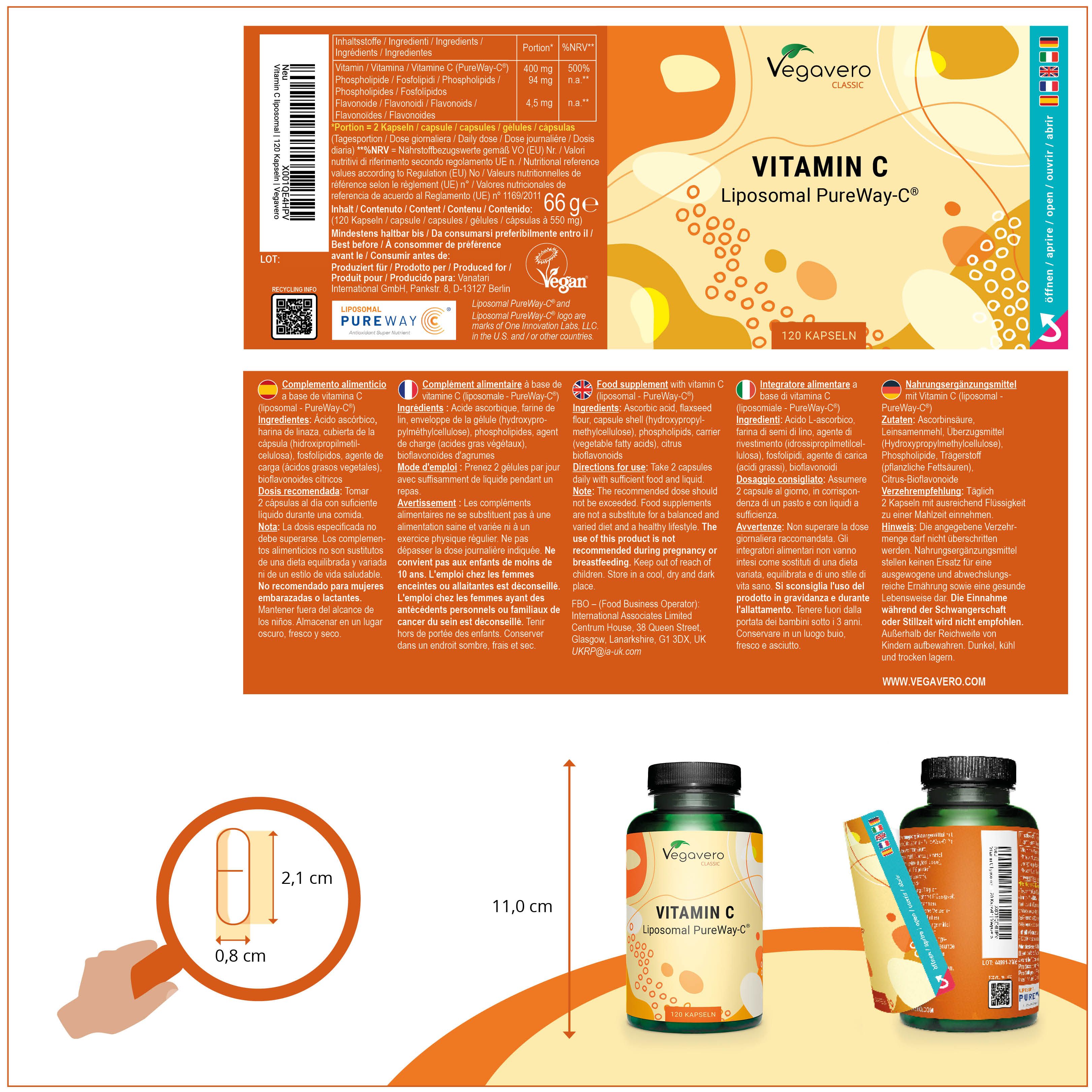 Produktverpackung mit Informationen. Flasche mit Vitamin C Liposomal. Kapsel-Abbildung mit Maßen.