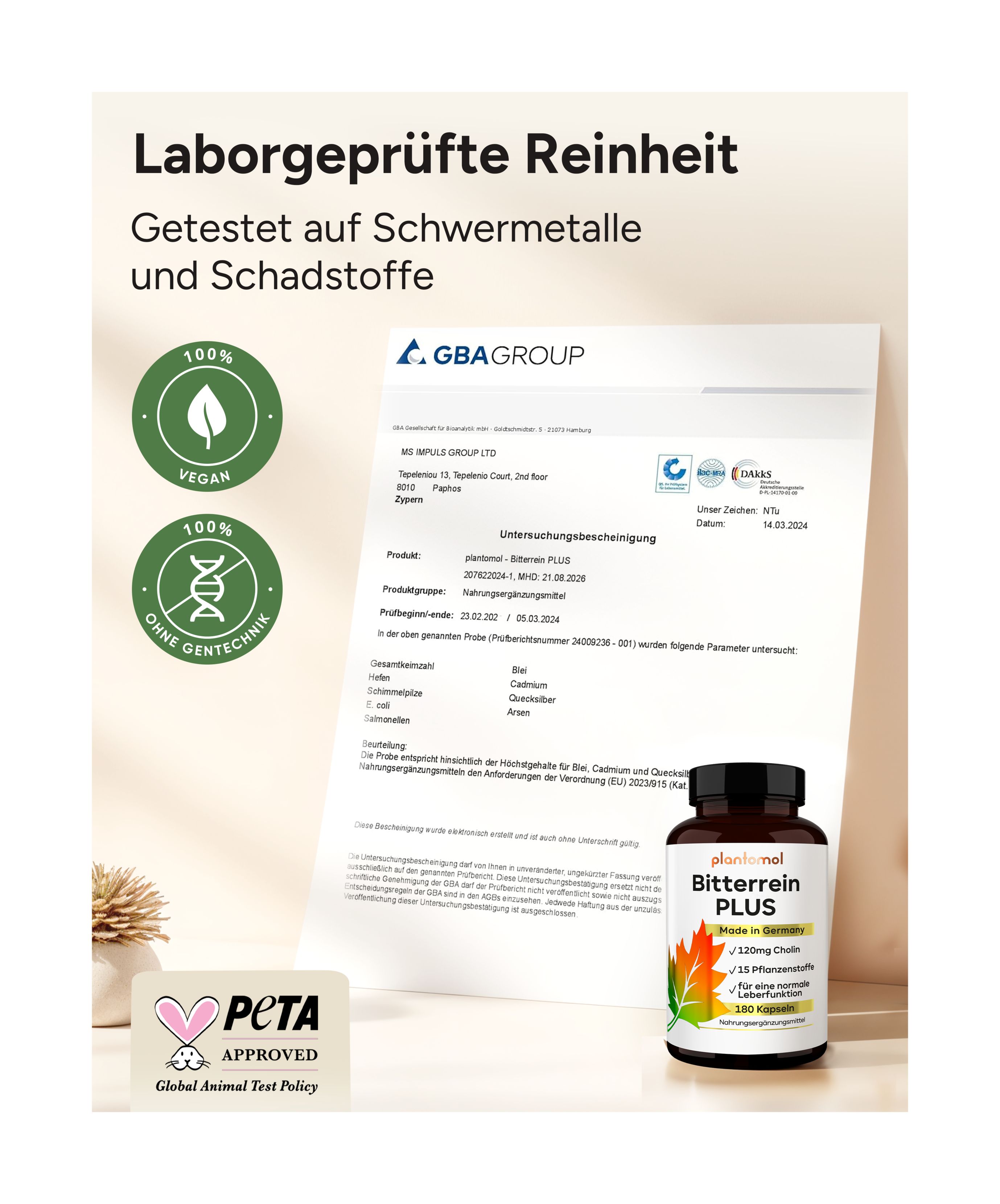 Zertifizierungsdokumente und Flasche. Text: Laborgeprüfte Reinheit, vegan, ohne Gentechnik, PETA-Approved.