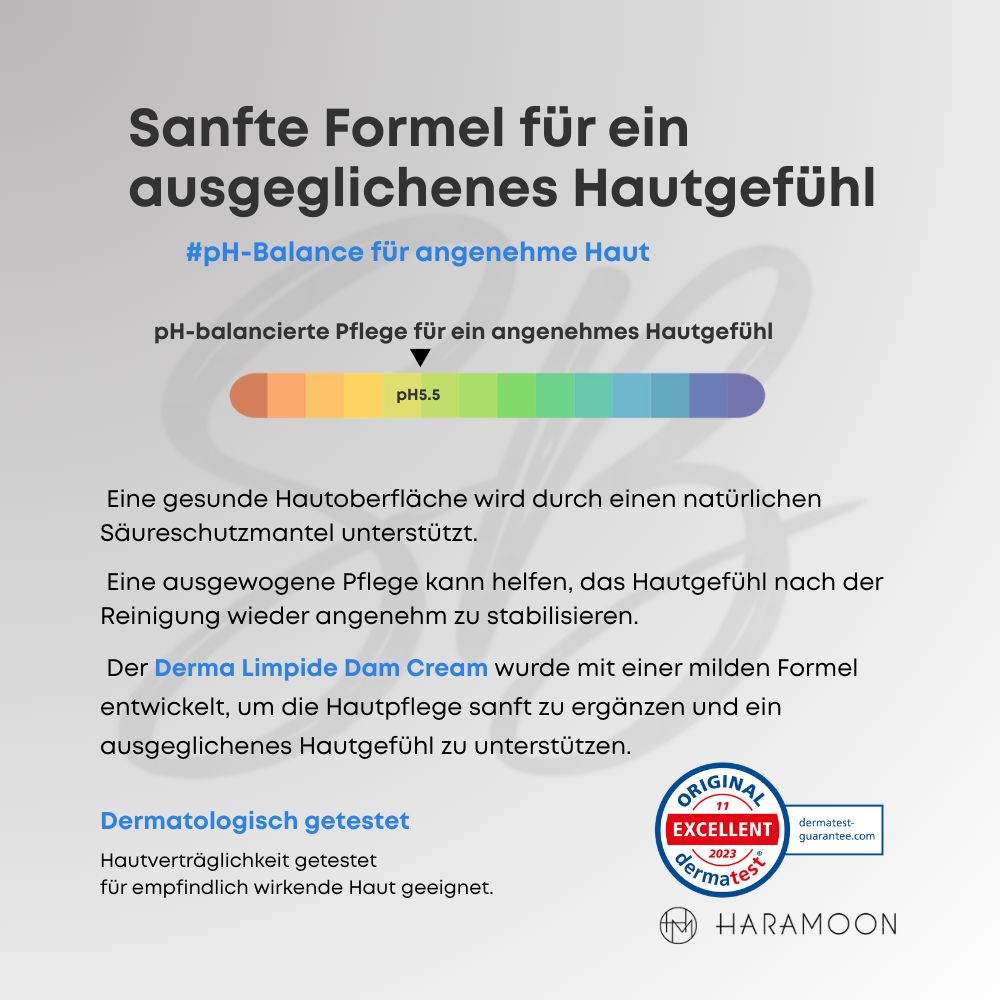 Text mit Informationen über pH-Balance und Hautpflege. Enthält das HARAMOON-Logo und das Dermatest-Siegel.