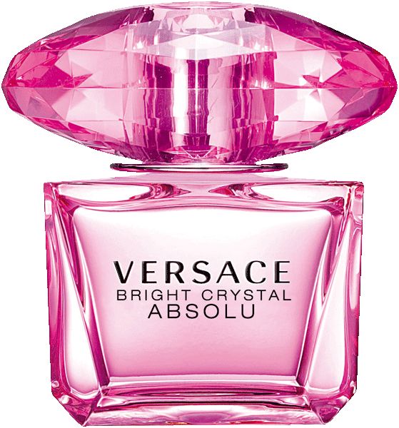 Rosa Flakon mit Kristallverschluss. Aufschrift: VERSACE BRIGHT CRYSTAL ABSOLU.