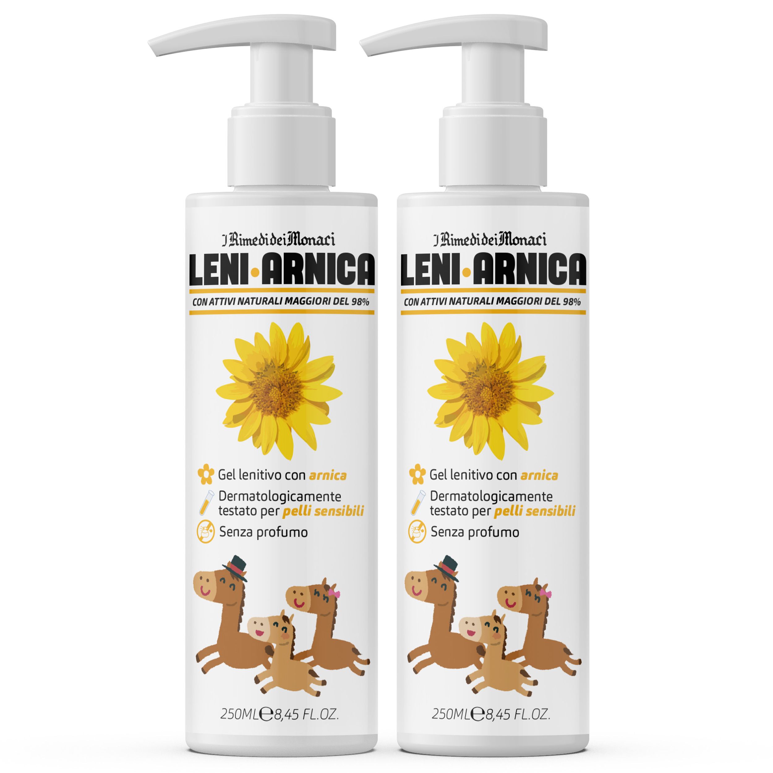 Zwei weiße Flaschen mit Pumpaufsatz. Aufschrift: Leni-Arnica. Gel mit Sonnenblumen-Illustration und Pferde-Cartoon. Text in italienischer Sprache.