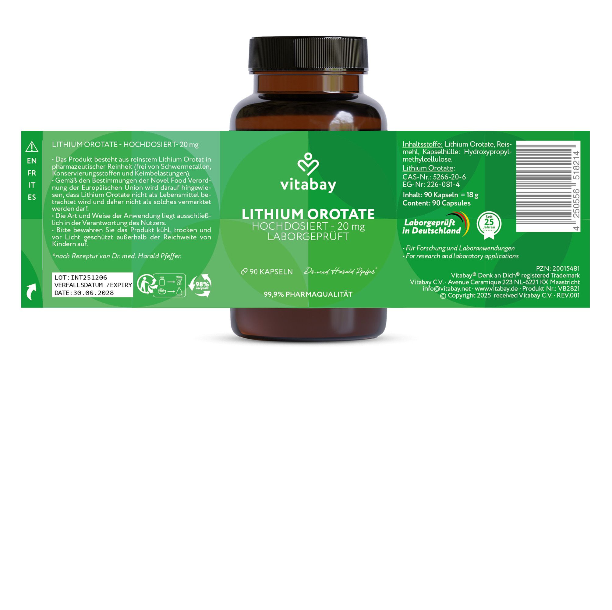 Braune Flasche mit grünem Etikett. Text: Lithium Orotat, 90 Kapseln. Etikett mit Informationen und Barcode. Vitabay-Logo.