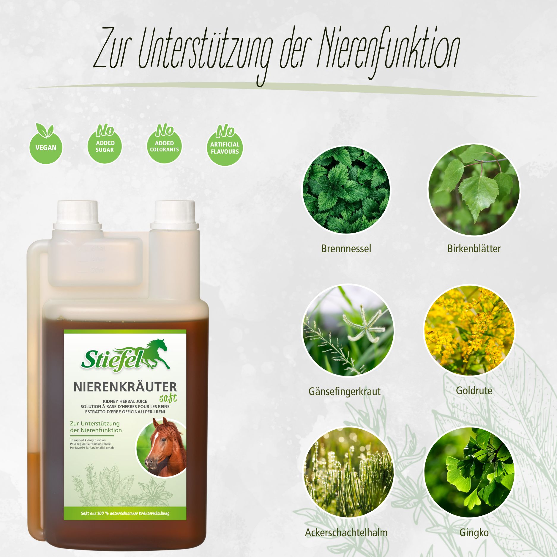 Doppelpackung Kräutersaft mit Etikett. Aufschrift: Stiefel Nierenkräuter Saft. Abbildungen von Kräutern und einem Pferd.