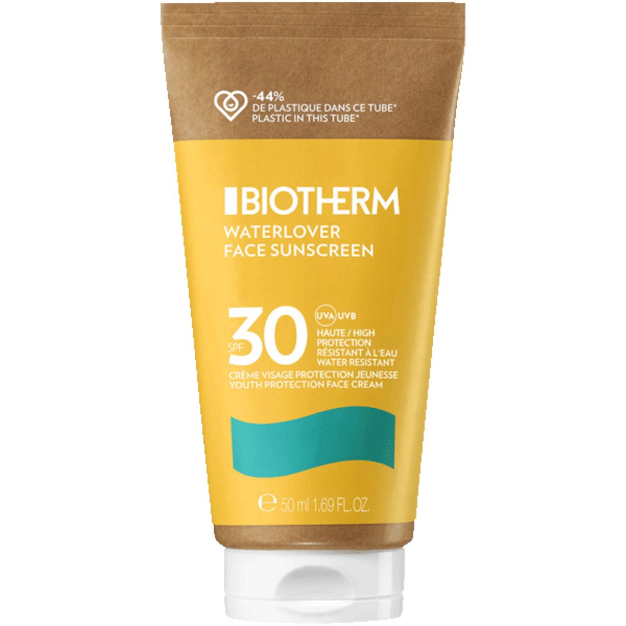 Gelbe Tube mit "BIOTHERM Waterlover Face Sunscreen" und LSF 30. Enthält 50 ml. Oben braun, unten weiß.