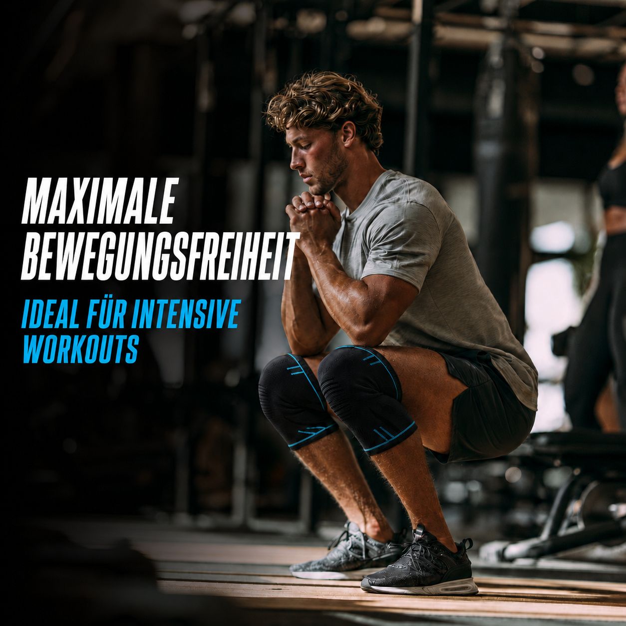Mann beim Squat mit Hanteln, trägt AGILE NOW Kniebandagen.
