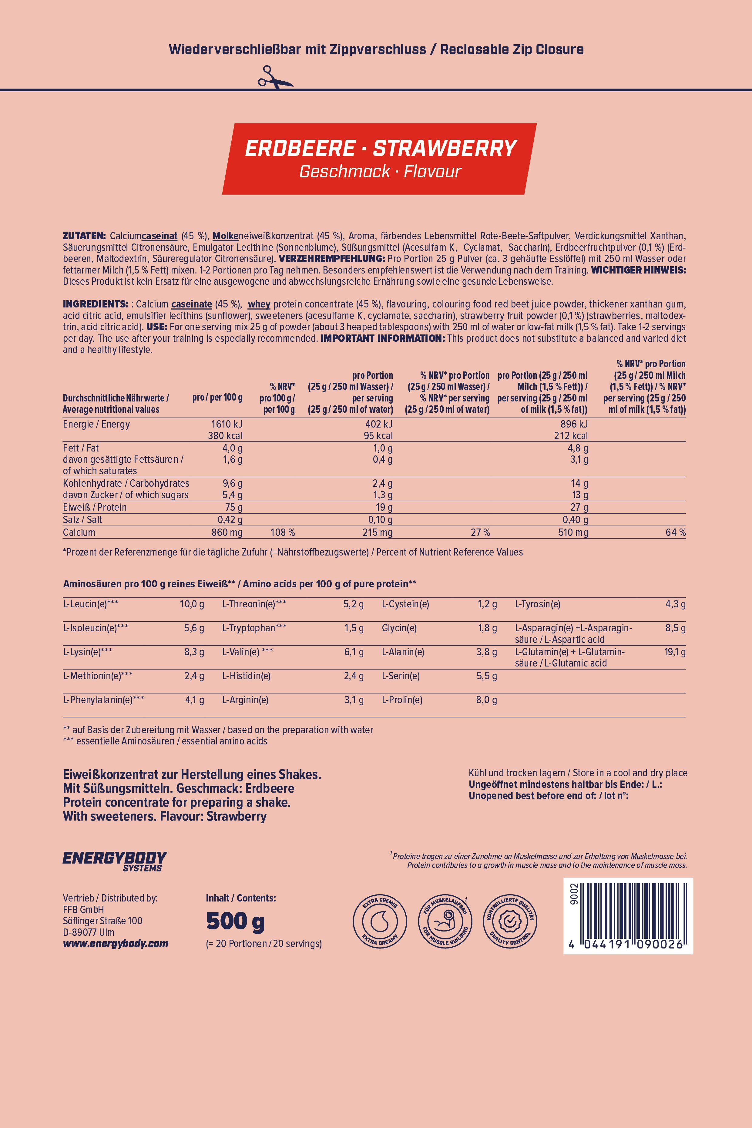 Rückseite der Mega Protein-Verpackung. Text: Erdbeere, Zutaten, Nährwertangaben, Aminosäuren. Logo Energybody Systems.