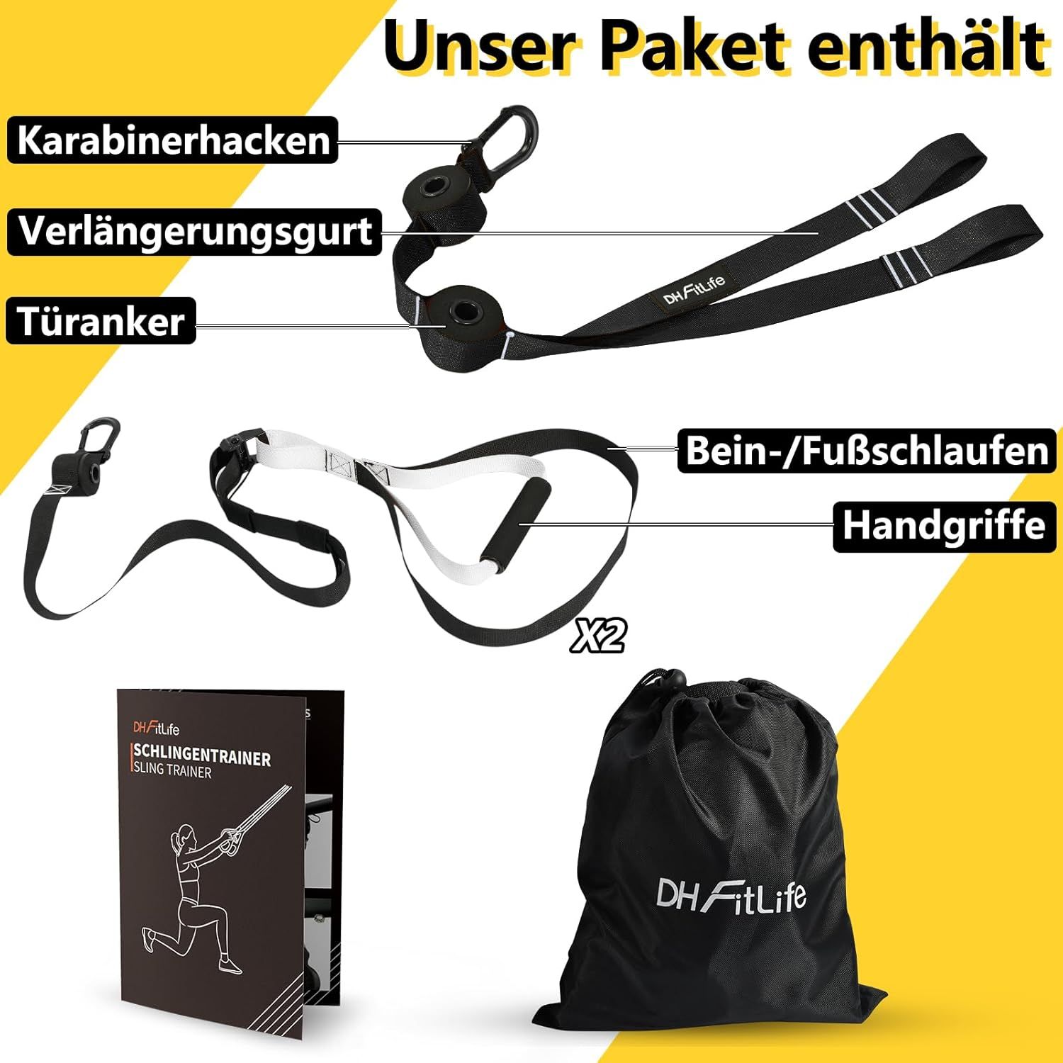 DH FitLife Schlingentrainer Set für Ganzkörpertraining mit Türanker und Karabinerhaken