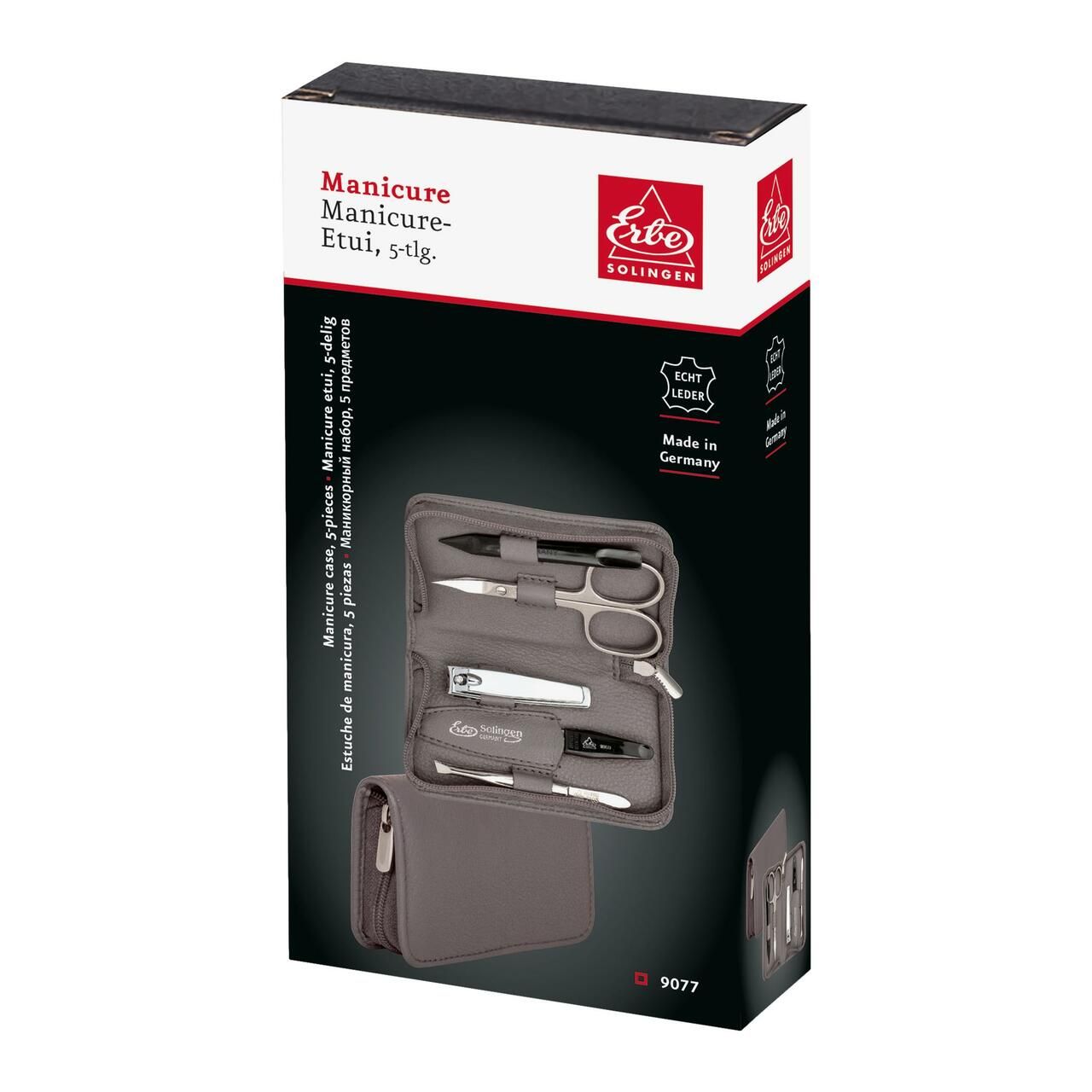 Verpackung mit Maniküre-Etui und Werkzeugen. Marke Erbe. Echtes Leder. 5-teilig. Schwarzer Hintergrund. Produktname und Logo.
