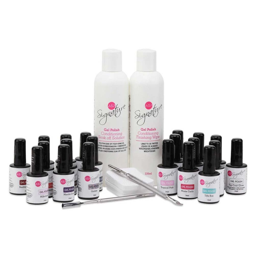 ASP Signature Gel-Lack-Set. 16 Gel-Lack-Farben, 2 Flaschen, 2 Werkzeuge, Wattepads. Flaschen mit Etiketten. Schwarze Nagellackflaschen.