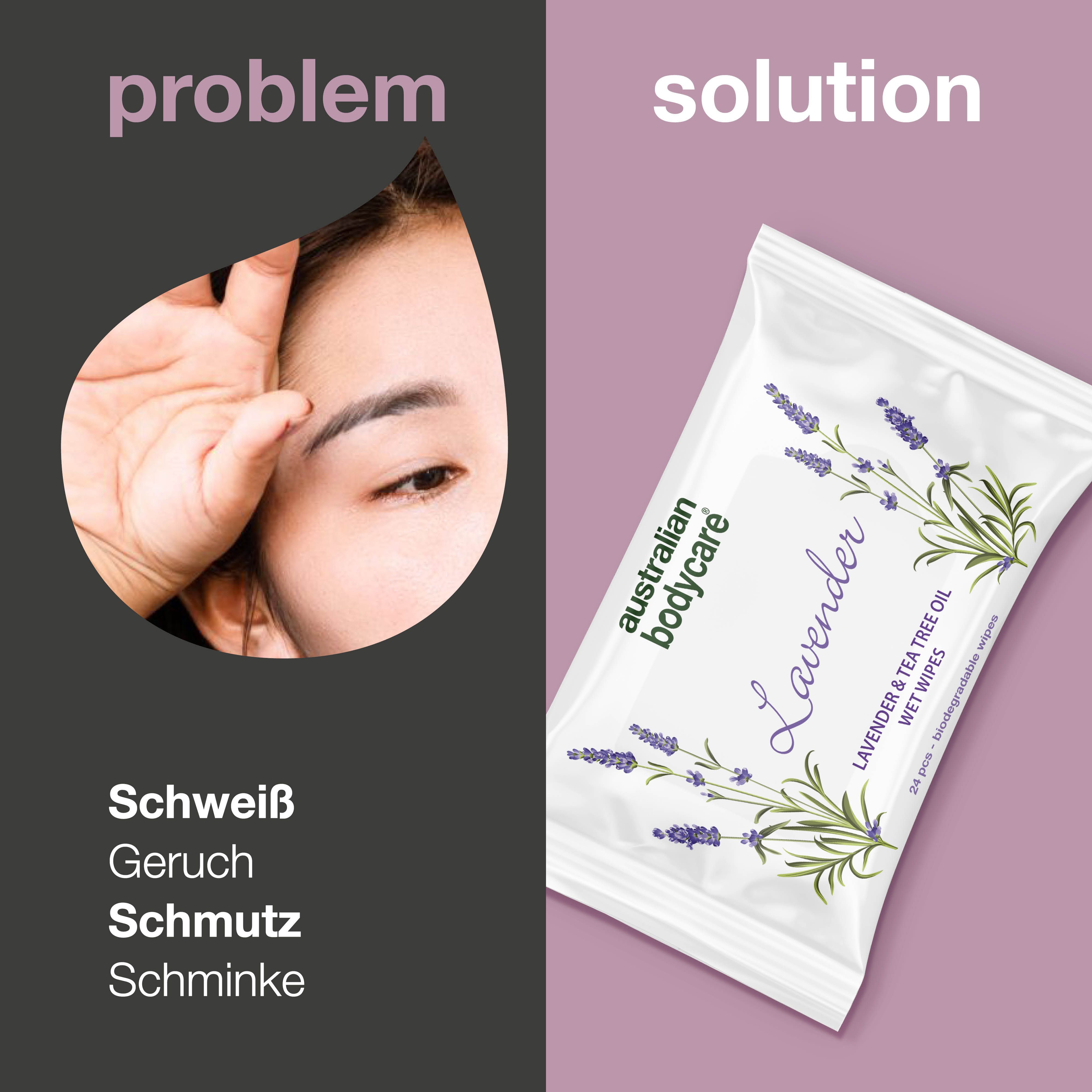 Gesicht mit Problem: Schweiß, Geruch, Schmutz, Make-up. Lösung: Feuchttücher mit Lavendel.