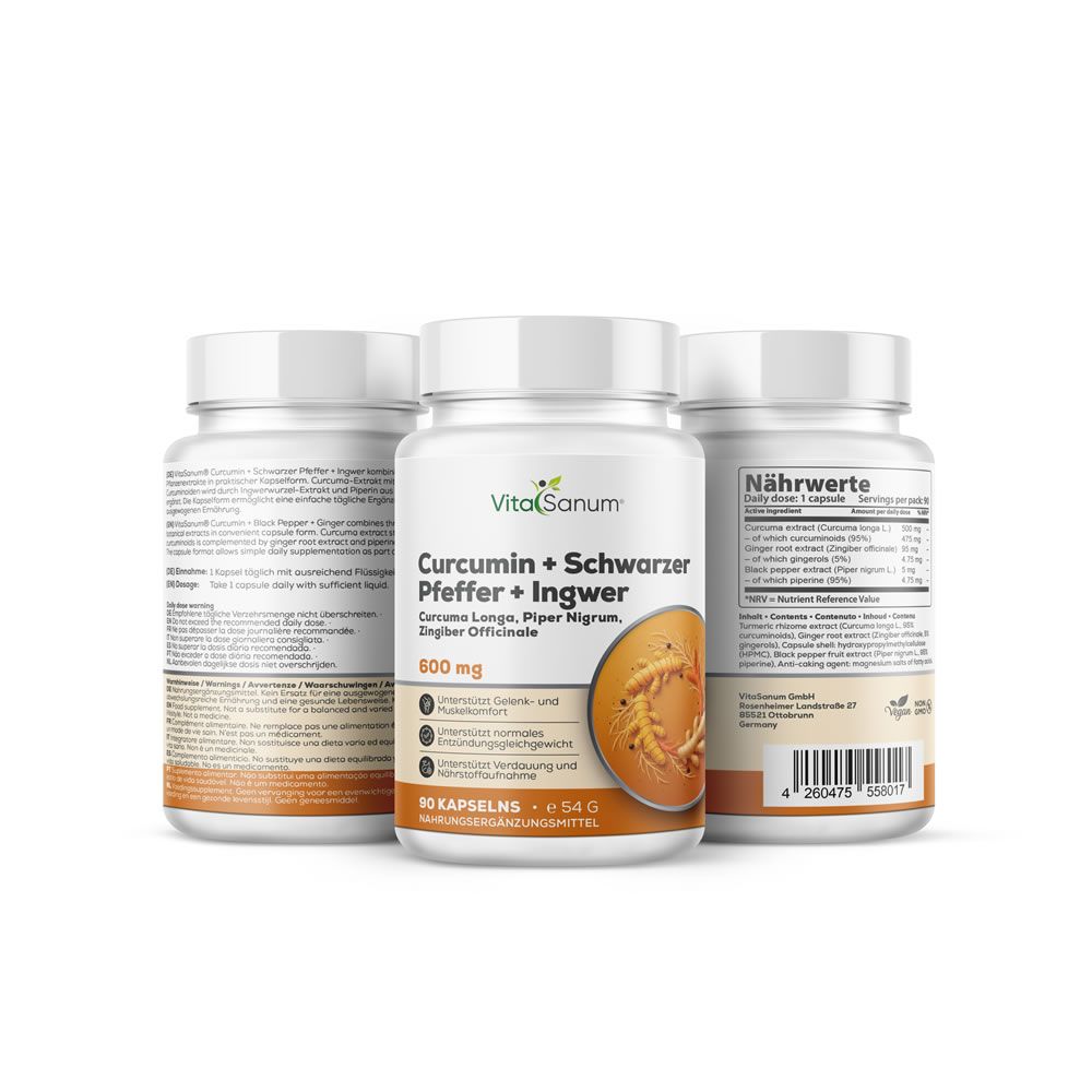 Drei Flaschen VitaSanum. Aufschrift: Curcumin + Schwarzer Pfeffer + Ingwer. 90 Kapseln. 600 mg. Vegan.