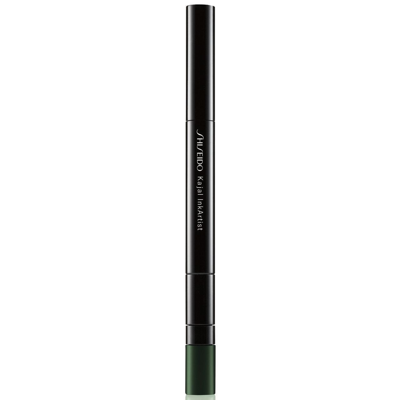 Shiseido Kajal Inkartist, dunkelgrün. Schwarzer Stift mit grüner Spitze. Produktname und Marke auf dem Stift.