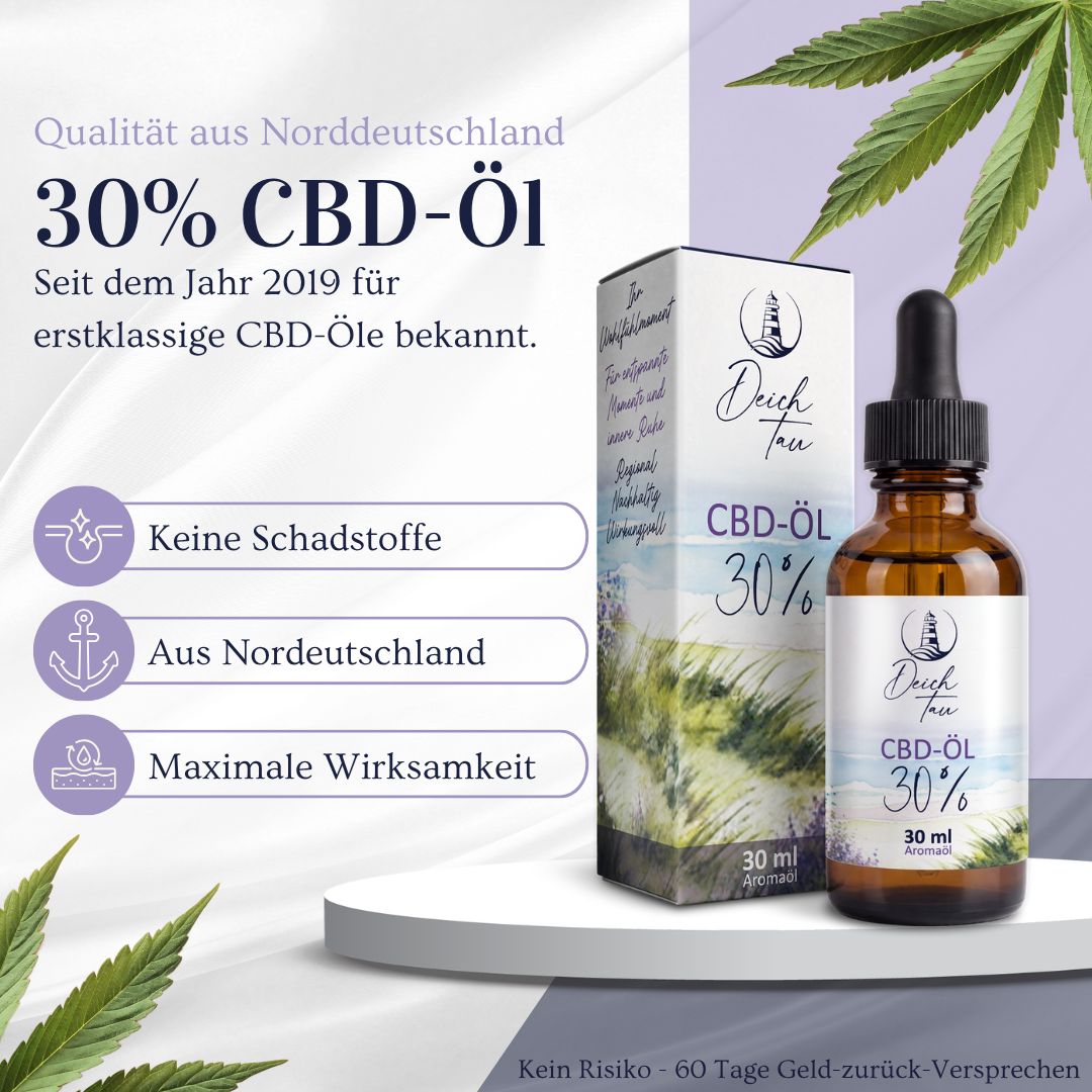 Deichtau CBD Öl 30% Flasche und Faltschachtel, Qualität aus Norddeutschland, keine Schadstoffe.