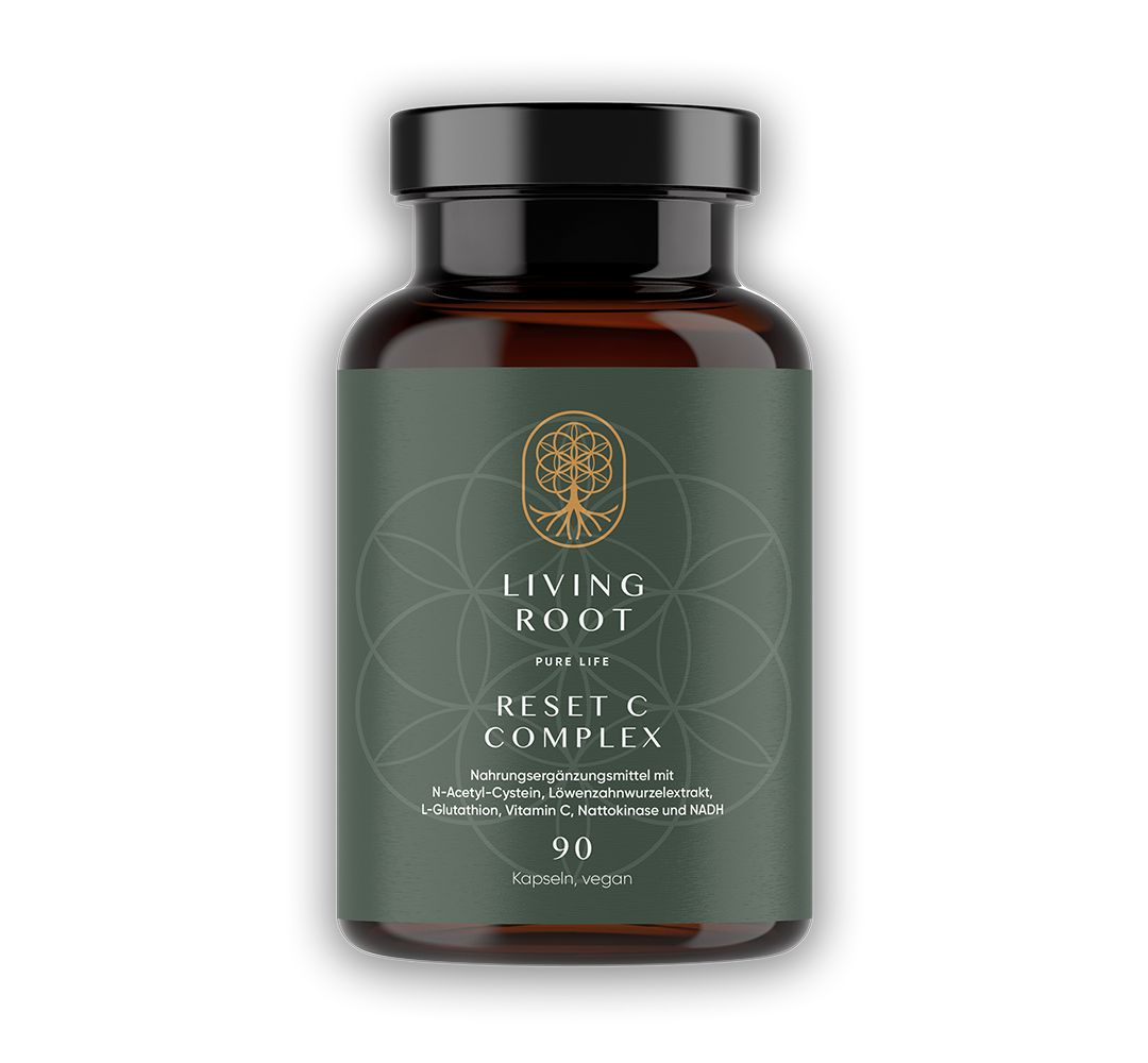 Braune Glasflasche mit schwarzem Deckel. Etikett mit Produktnamen, Logo und Inhaltsstoffen. 90 Kapseln, vegan.