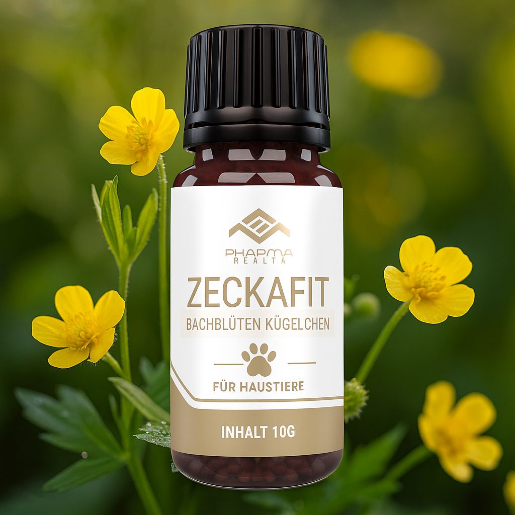 Braune Glasflasche mit schwarzem Deckel. Etikett mit "ZECKAFIT", "Bachblüten Kügelchen", Pfoten-Symbol und "FÜR HAUSTIERE". Hintergrund: gelbe Blumen.