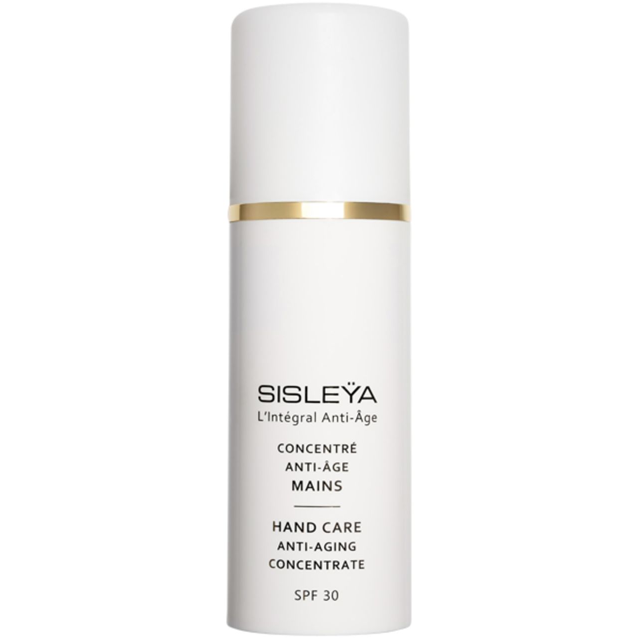 Weiße Flasche mit goldfarbenem Ring. Aufschrift: Sisleya, Anti-Age, Concentré Anti-Âge Mains, Hand Care Anti-Aging Concentrate, SPF 30.