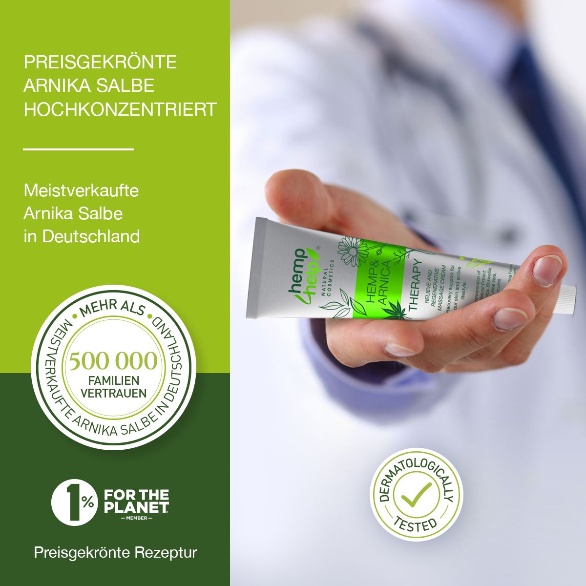 Hand hält Tube Hanf & Arnika Therapie Creme. Texte: preisgekrönt, meistverkaufte Arnika Salbe, 500.000 Familien vertrauen, dermatologisch getestet.