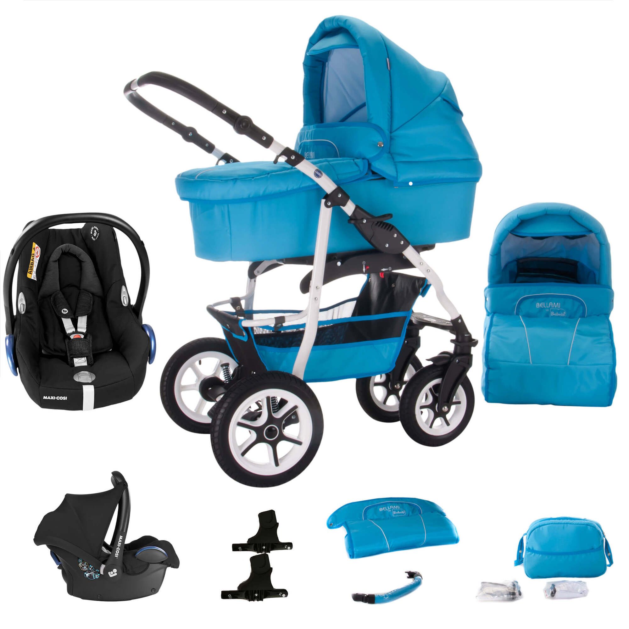 Bebebi Bellami 3 in 1 Kinderwagen Set mit Original Maxi Cosi, Hartgummi Bellaqua
