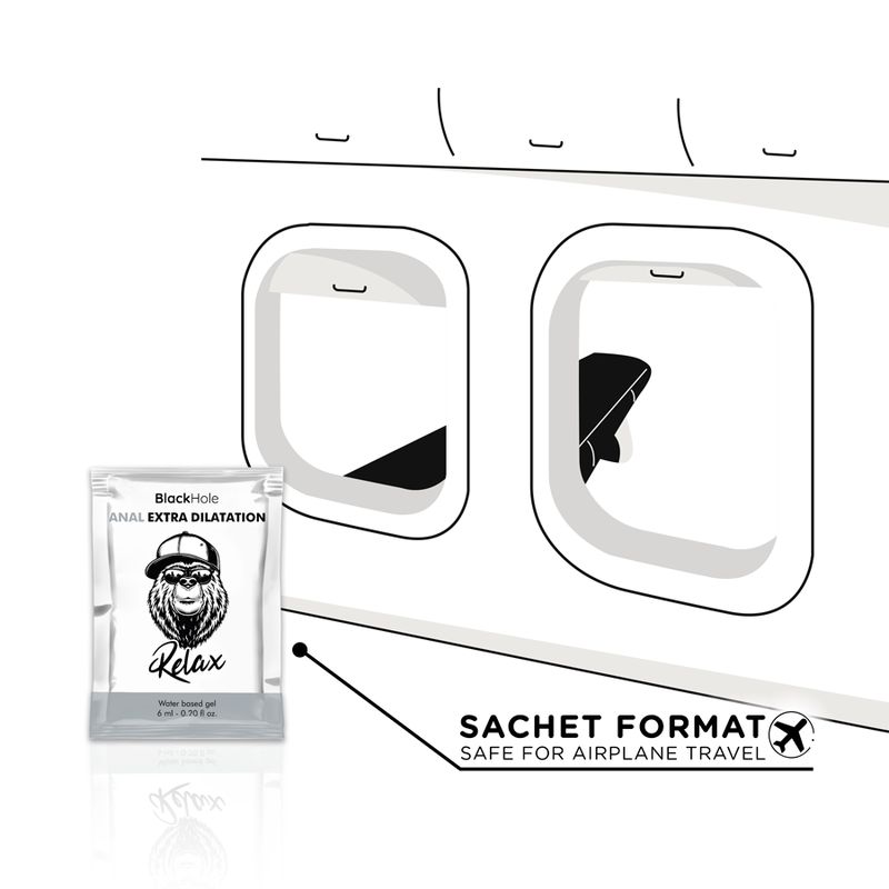 Sachet vor Flugzeugfenstern. Text: Black Hole, ANAL EXTRA DILATATION, Relax. Hinweis: SACHET FORMAT, SAFE FOR AIRPLANE TRAVEL.