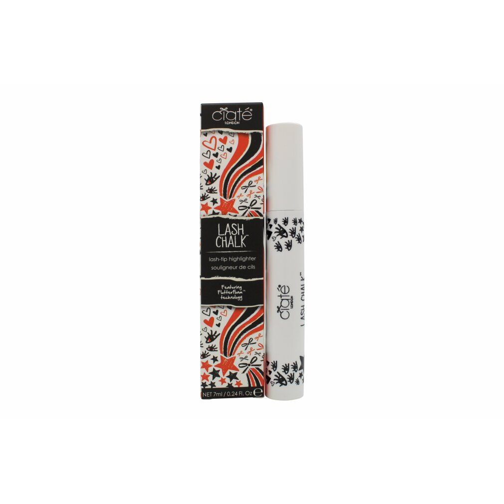 Ciaté Lash Chalk Mascara und Verpackung. Weißes Mascara-Etui mit schwarzem Aufdruck. Verpackung mit Sternen und Herzen.