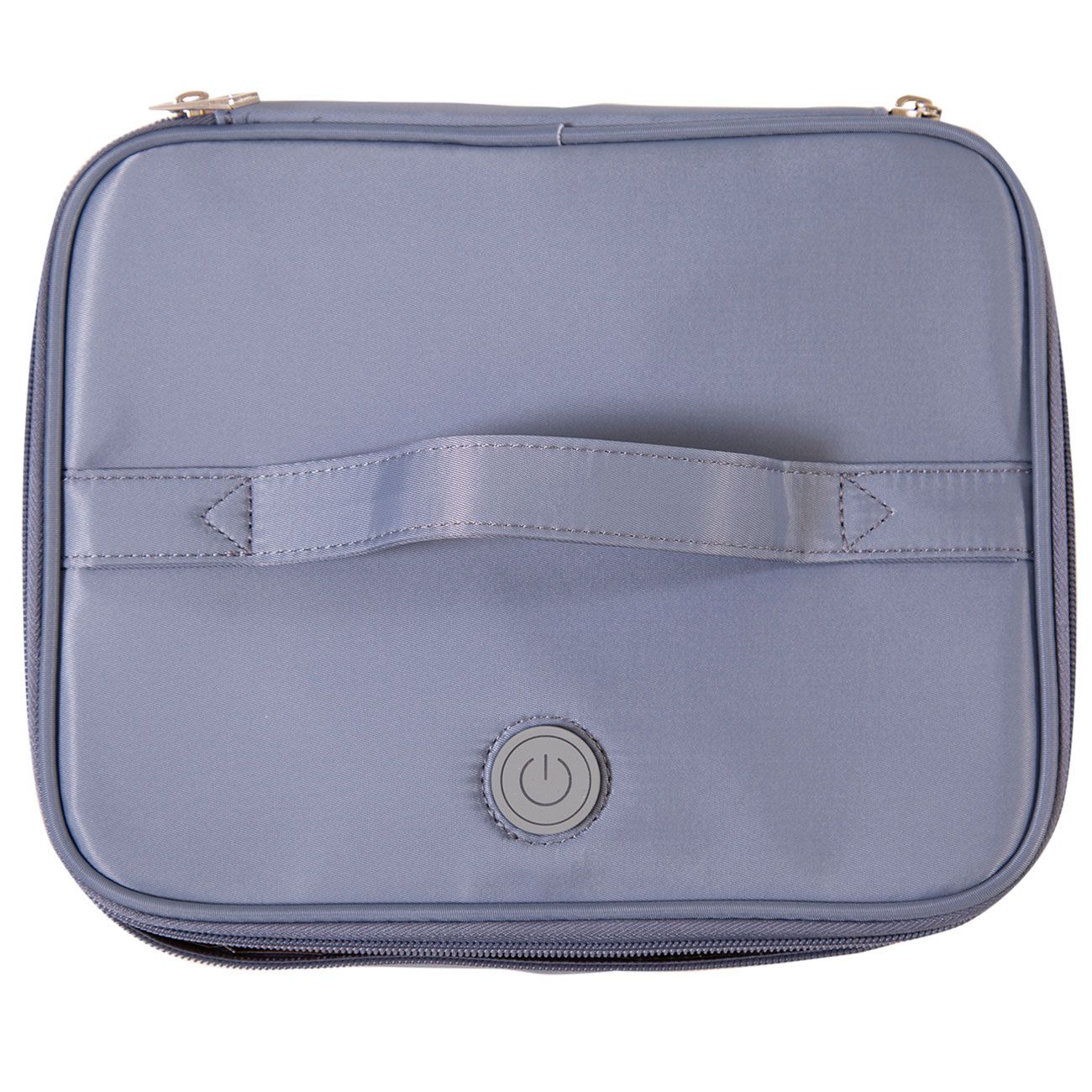 Hellblaue Tasche mit Tragegriff und Reißverschluss. Oben ein Knopf mit Ein/Aus-Symbol.