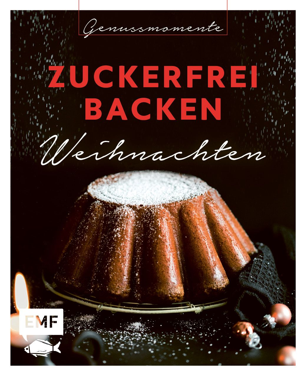 Ein Kuchen mit Puderzucker, auf einem Gitter. Text: Zuckerfrei Backen Weihnachten. Logo: EMF.