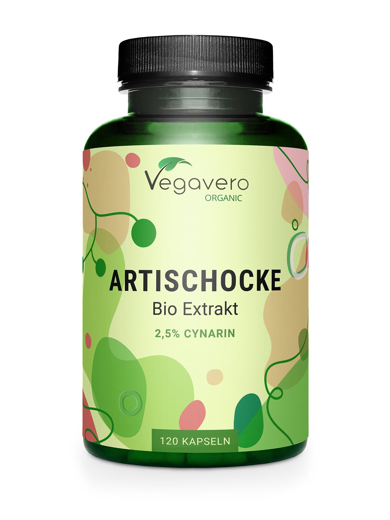 Grüne Flasche mit schwarzem Deckel. Aufschrift: Artischocke Bio Extrakt, 2,5% Cynarin, 120 Kapseln. Vegavaro Organic Logo.