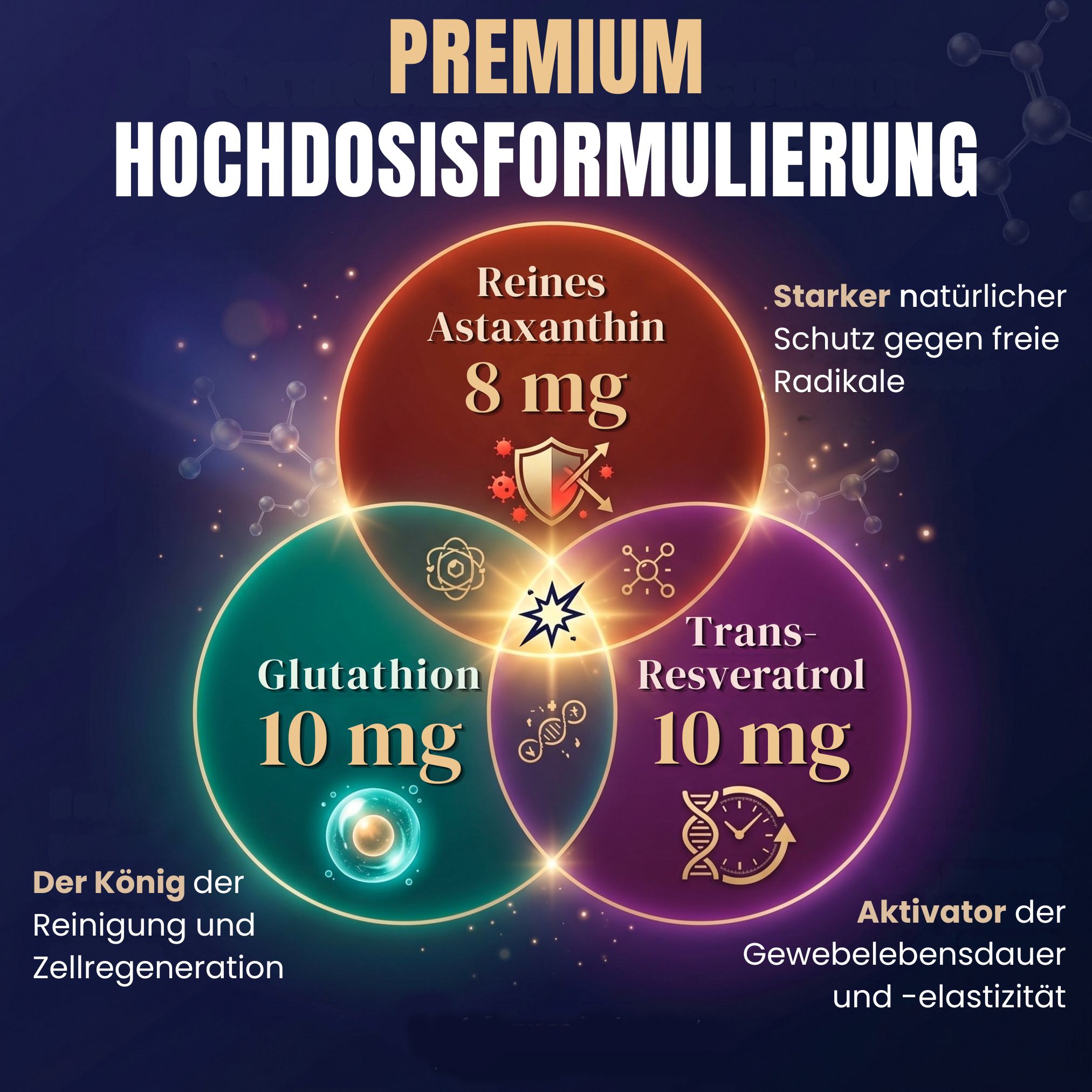Astaxantin 8 mg, Glutathion 10 mg, Trans-Resveratrol 10 mg. Hohe Dosierung.