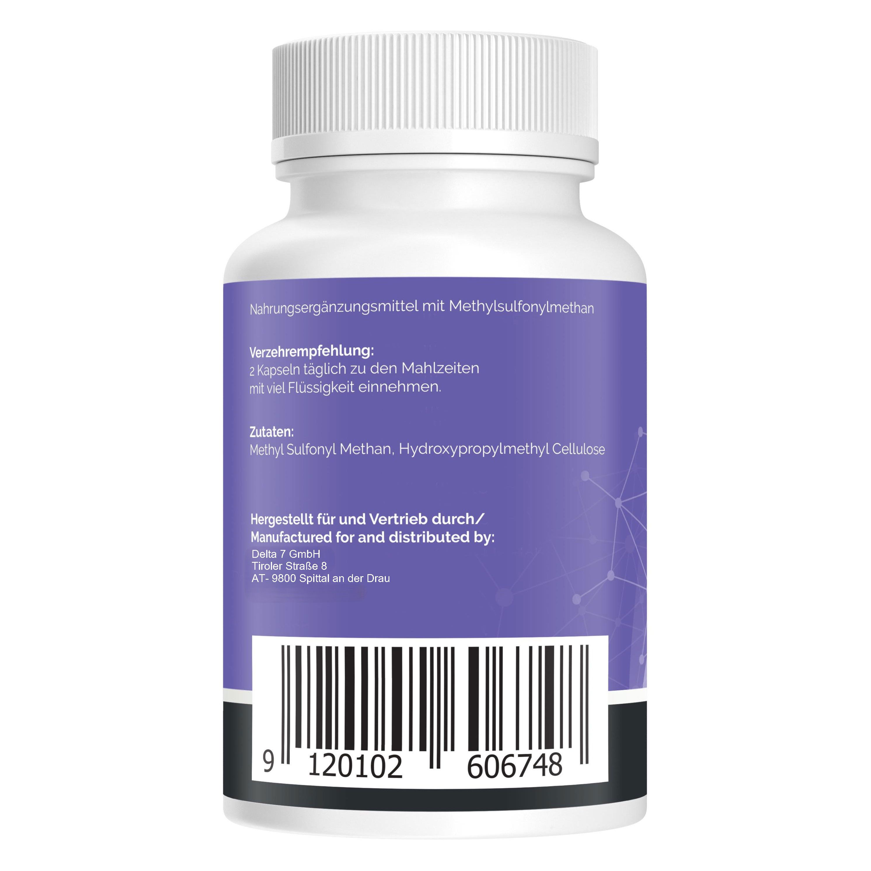 Rückseite der Natural Pro MSM Flasche. Informationen zu Inhaltsstoffen und Hersteller.