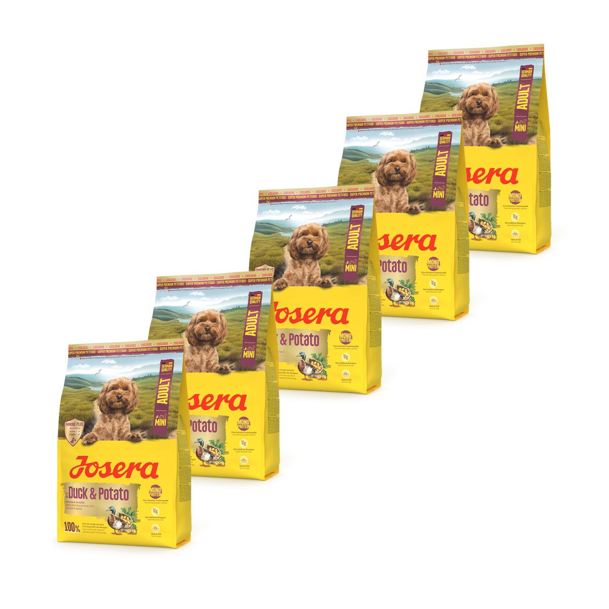 Fünf Packungen Josera Mini Ente & Kartoffel Hundefutter, gelb mit Hundemotiv.