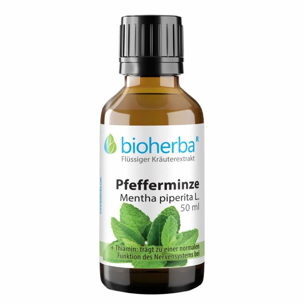 Braune Glasflasche mit schwarzem Deckel. Etikett mit Produktnamen, Logo und Pfefferminz-Abbildung. Text: "Pfefferminze Mentha piperita L."