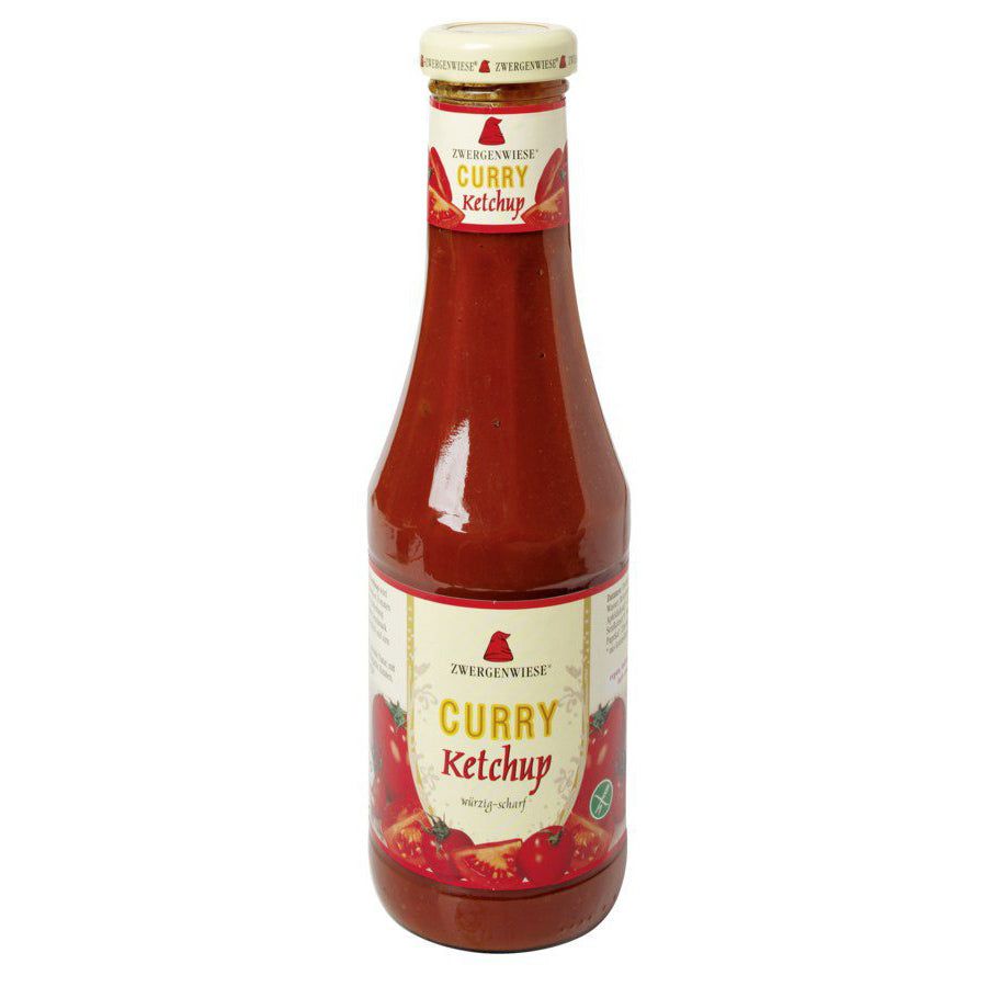 Flasche mit rotem Inhalt. Aufschrift: Curry Ketchup. Marke: Zwergenwiese. Glutenfrei-Symbol.