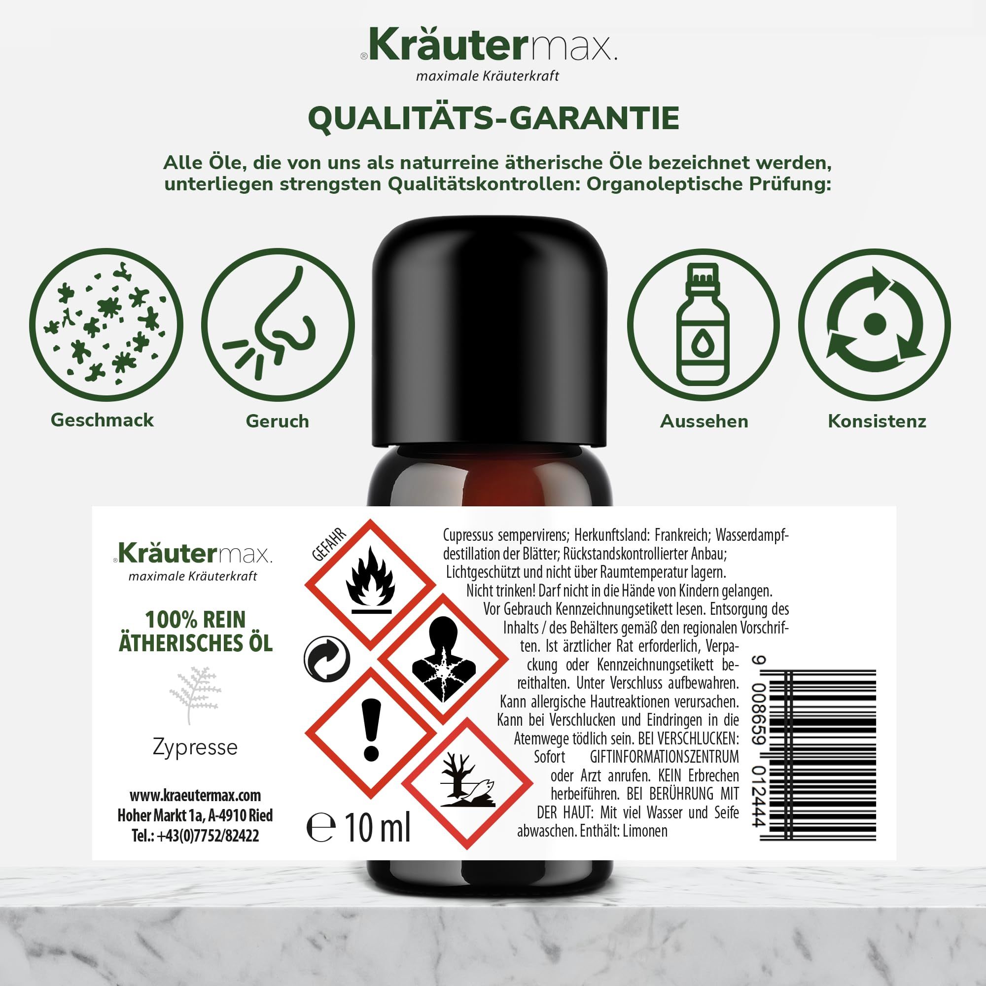 Braune Glasflasche mit schwarzem Deckel und Etikett. Text: Kräutermax, 100% reines ätherisches Öl Zypresse. Gefahrensymbole und Text.