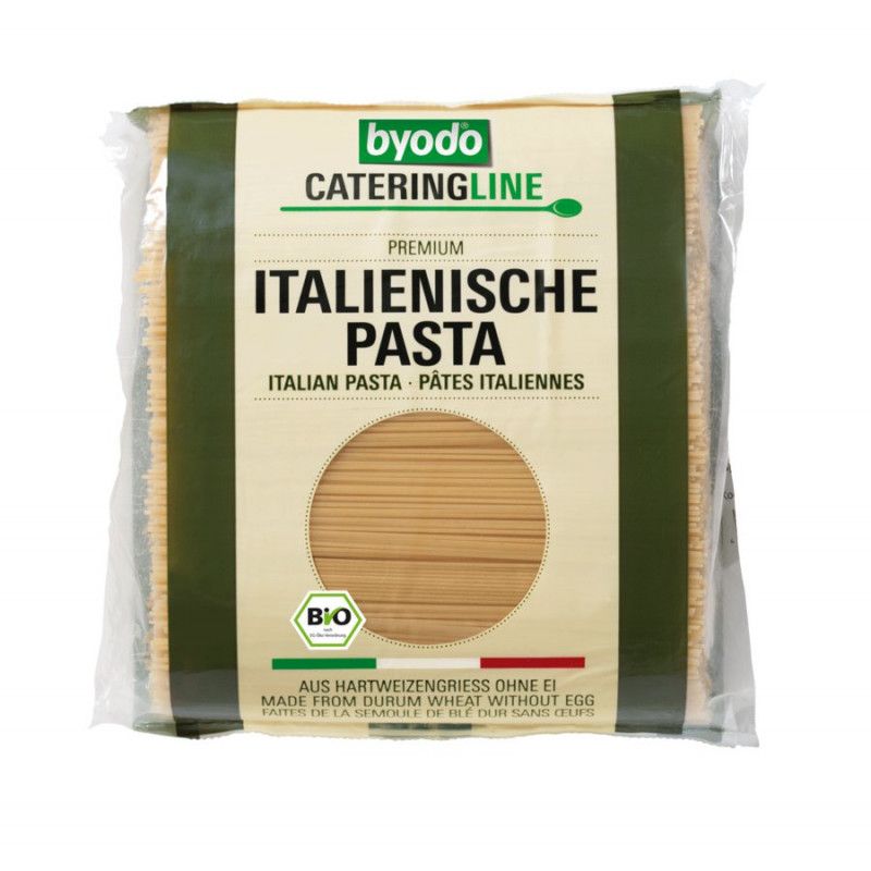Verpackung mit Spaghetti. Aufschrift: Italienische Pasta, Bio-Siegel. Text: Aus Hartweizengrieß ohne Ei.