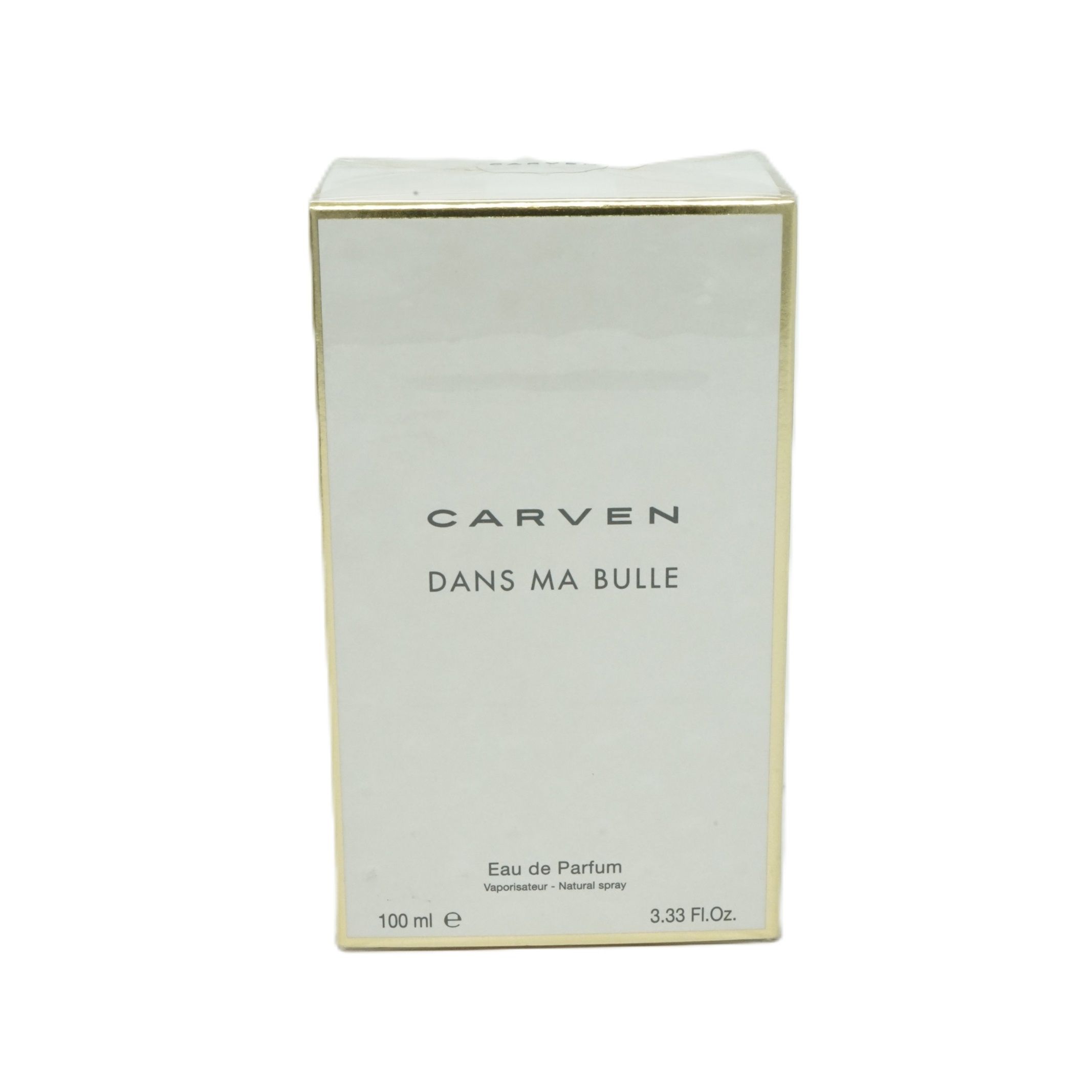 Weiße Verpackung mit goldfarbenem Rand. Schriftzug: CARVEN DANS MA BULLE. Aufschrift: Eau de Parfum, 100 ml, 3.33 Fl.Oz.