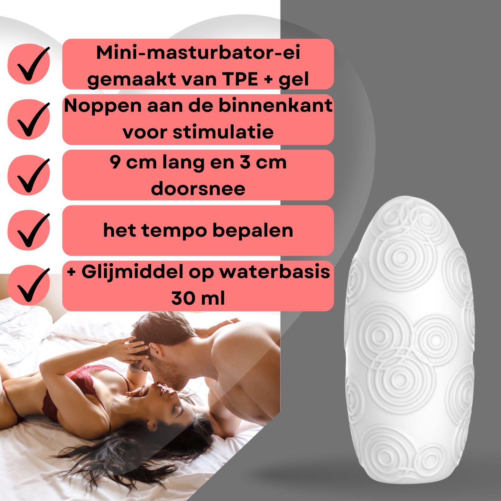 Advertentiebeeld met een witte ei-masturbator en een stel op de achtergrond. Tekst: Mini-masturbator-ei van TPE + gel, 9 cm lang en 3 cm diameter.