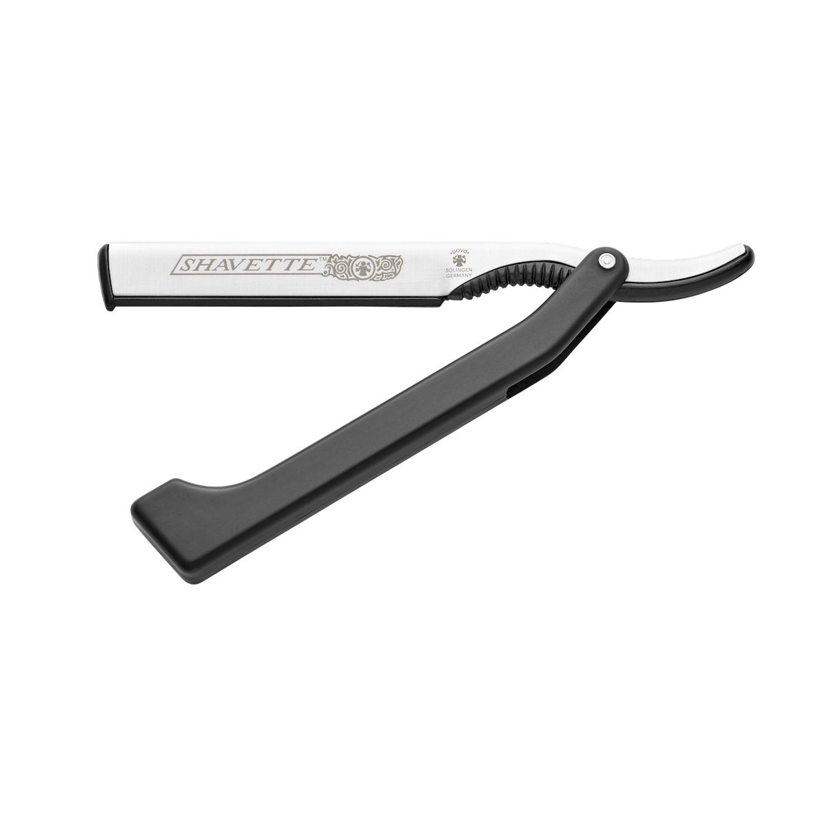 Rasierer, geöffnet. Schwarzer Griff, silberne Klinge mit Schriftzug SHAVETTE. Metall.