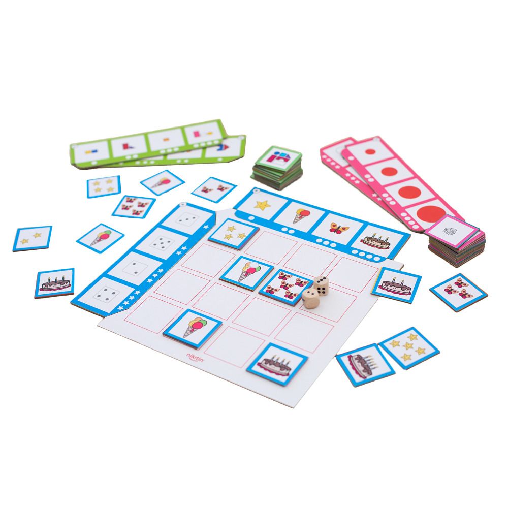 Spielmaterial von Nikitin Lernspiel Matrici N10. Spielkarten, Spielbretter und Würfel. Karten mit Bildern von Eis und Kuchen.