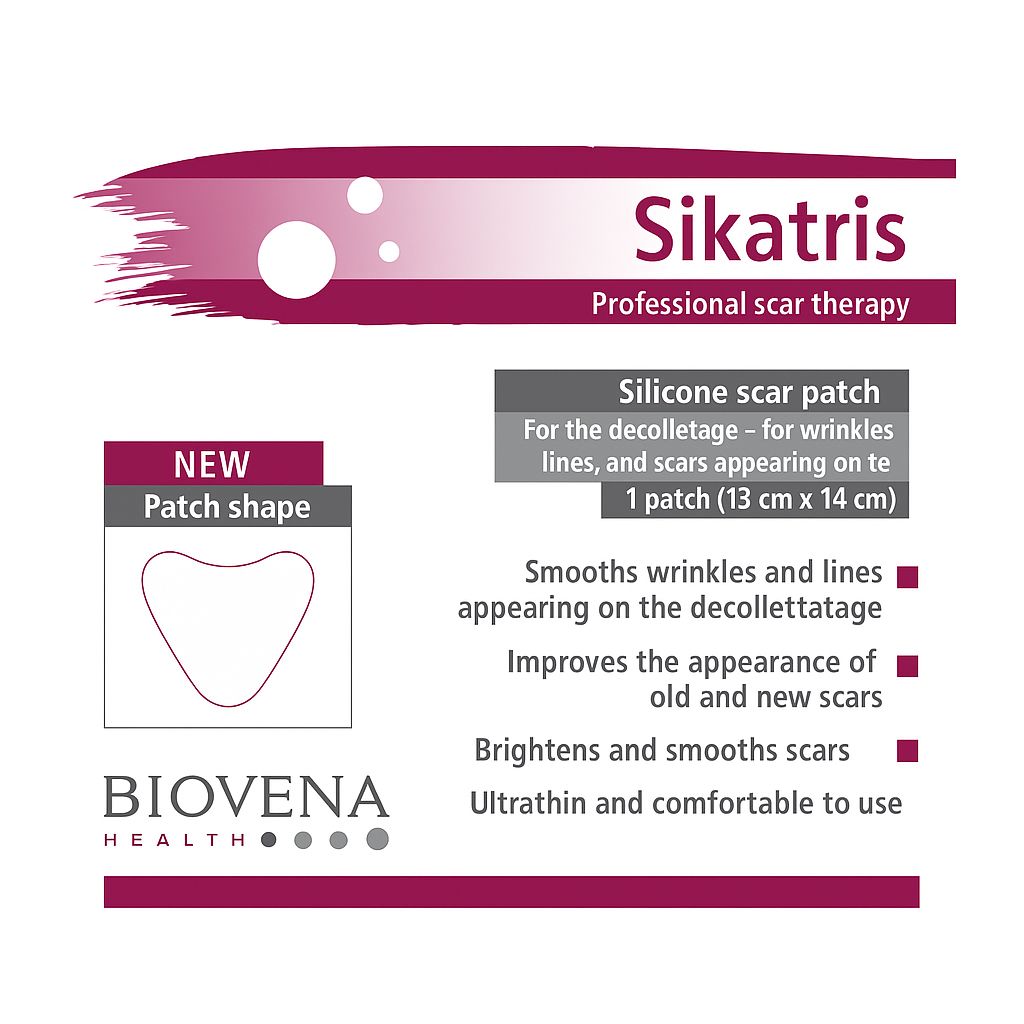 Verpackung mit Sikatris Silikonpflaster. Dreieckige Form, 13x14 cm. Für Dekolleté-Falten. Marke: Biovena Health.