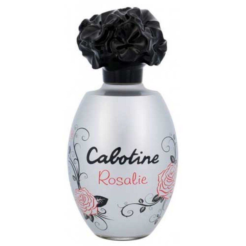 Silberfarbener Flakon mit schwarzem Blütenverschluss. Aufschrift Cabotine Rosalie, Rosen-Dekor.
