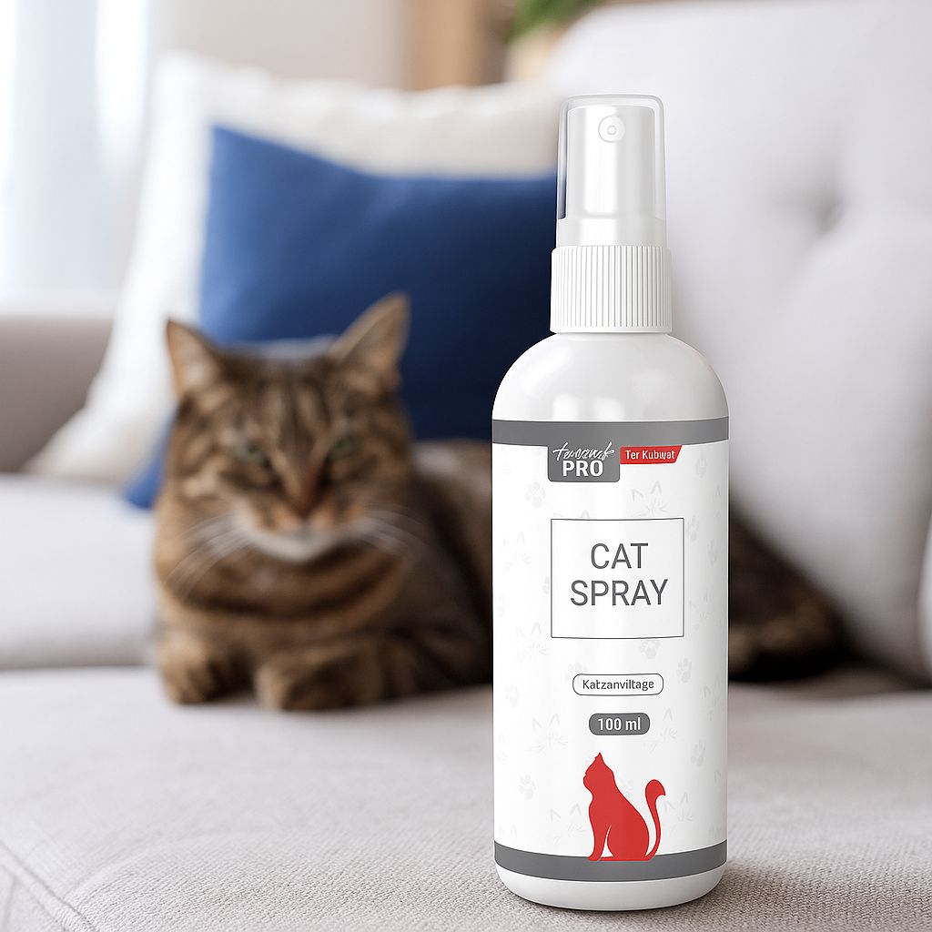 Weiße Sprühflasche mit "CAT SPRAY"-Aufdruck. Roter Katzen-Umriss. 100 ml. "Animal Pro"-Logo. Katze im Hintergrund.